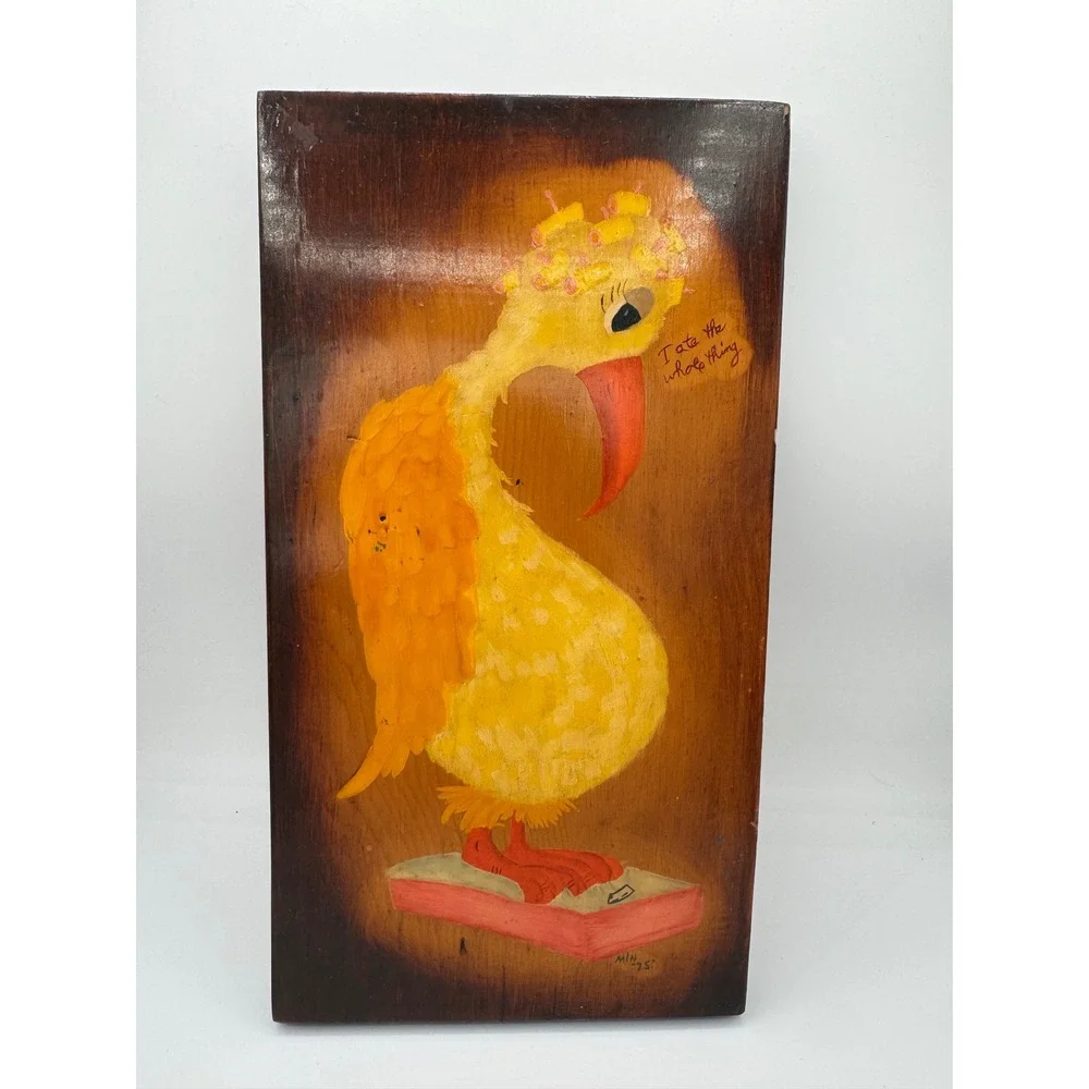 Vtg 1975 Hand Painted Wood Plaque Whimsical Bird I Ate The Whole Thing